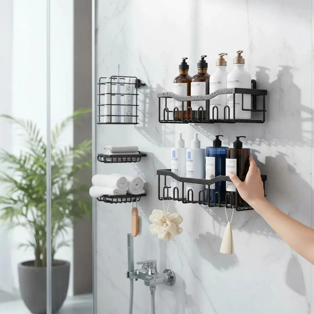 Set X5 Organizador Ducha Dakota Estantes Repisa Para Baño Con Adhesivo Negroo