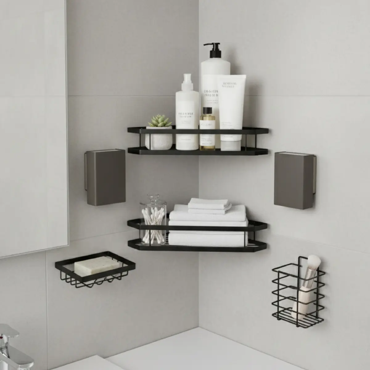 Set X 7 Organizador Ducha Dakota Estantes Repisa Para Baño Con Adhesivo Negrooo
