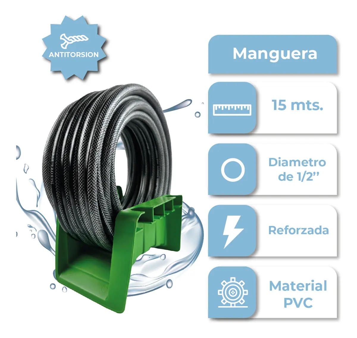Manguera De Riego 15 Mts Dakota Flexible 1/2  Diámetro Presión Reforzada Con Soporte Negro