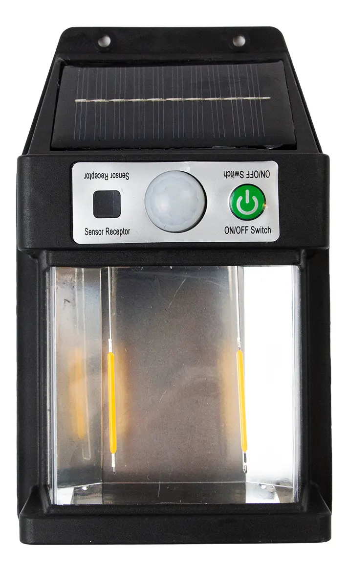 Aplique Reflector Led Con Sensor Movimiento Dakota Pared 2 Velas Panel Solar Negro Blanco Cálido