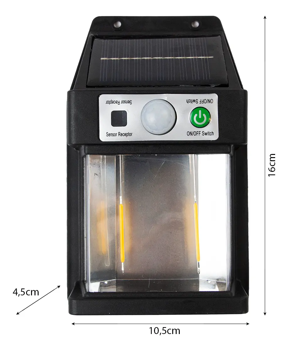 Aplique Reflector Led Con Sensor Movimiento Dakota Pared 2 Velas Panel Solar Negro Blanco Cálido