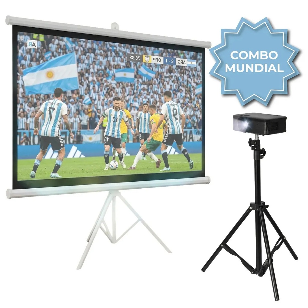 Combo Proyector Full HD Negro y Pantalla 120 Cine en Casa Ideal Mundial PP002