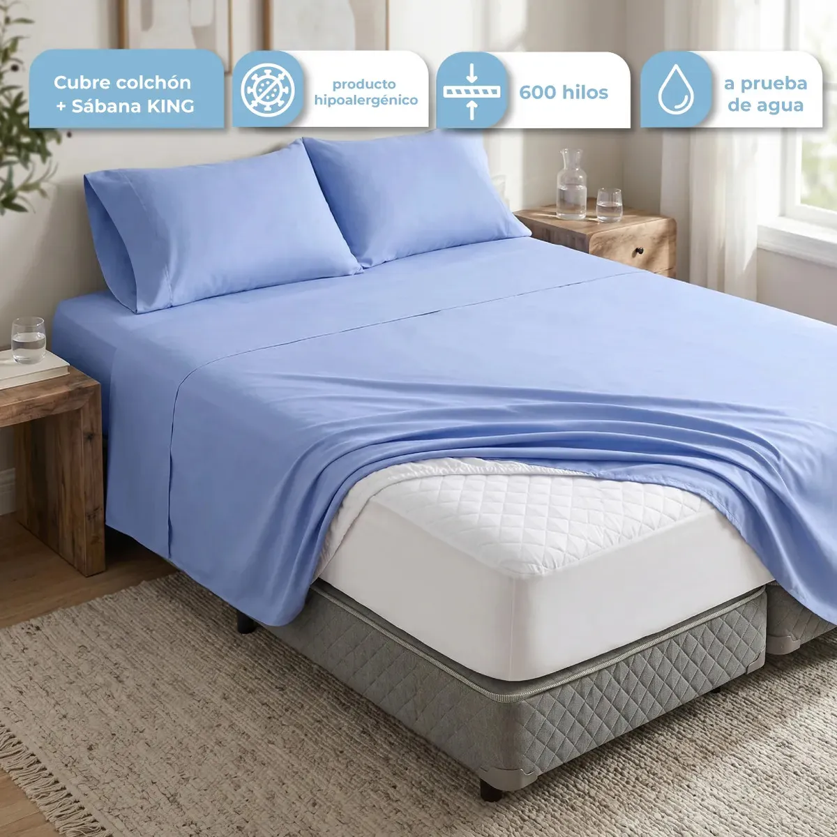 COMBO FCC001 FUNDA CUBRE COLCHON KING + SAB-KING-001 AZUL