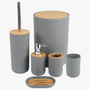 Set Accesorios De Baño 6 Piezas Negro Con Detalles En Bambú Cesto Dispenser Jabonera Vaso Porta Cepillos Porta Hisopos Escobilla Diseño Moderno Gris