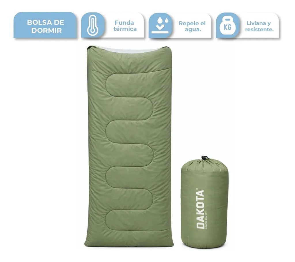 [BD01 VERDE - 763571857724] Bolsa de dormir térmica impermeable Dakota Camping rectangular temperatura de 10ºc a 20ºc verde