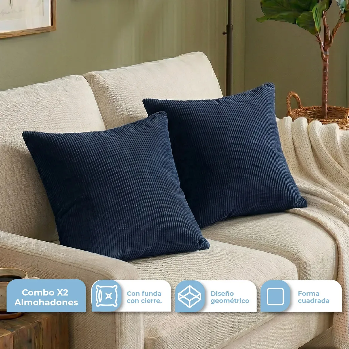 Combo 2 Almohadones Decorativos Pana Sintético Dakota con Cierre Lavable 40x40 Gris Oscuro ALM-LIV002