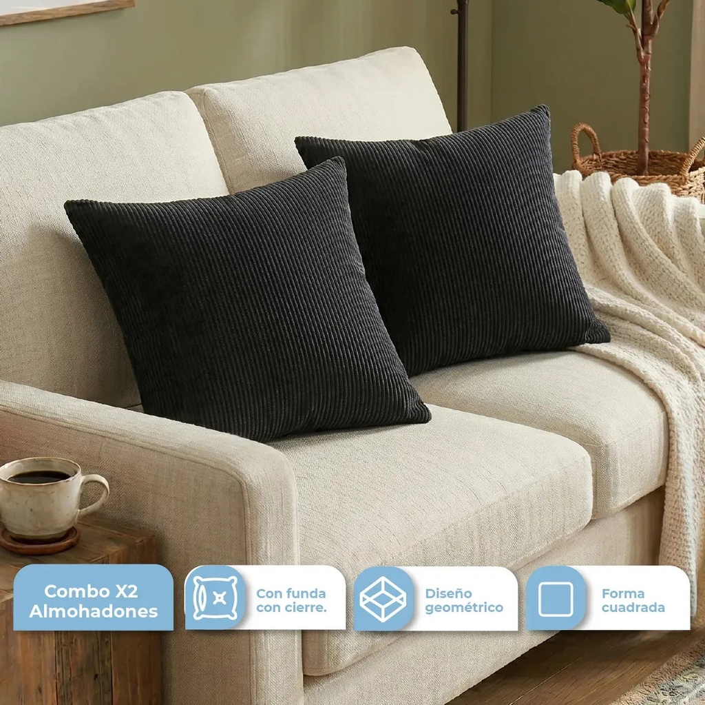 Combo 2 Almohadones Decorativos Pana Sintético Dakota con Cierre Lavable 40x40 Gris Oscuro ALM-LIV002