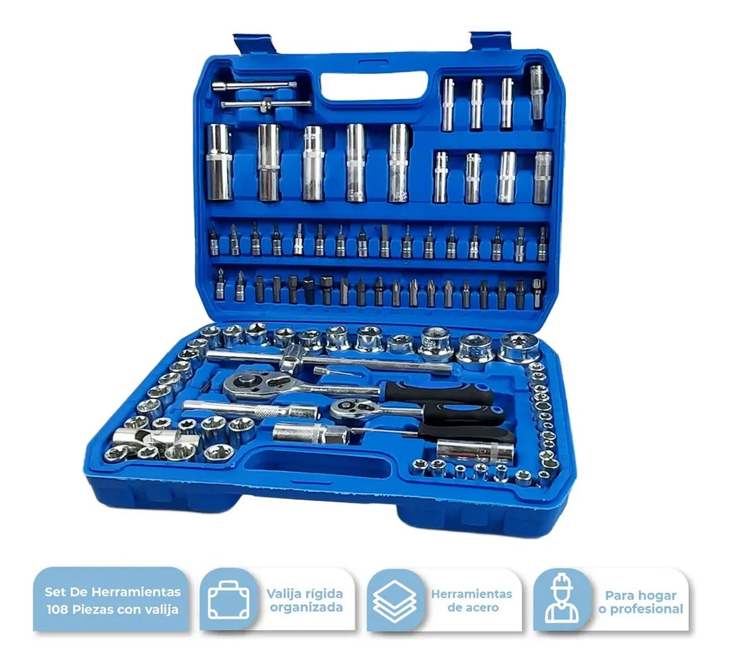[SETLLAVP108PCS 0714604300786] SET LLAVP-108PCS SET DE HERRAMIENTAS LLAVES TUBOS Y PUNTAS VALIJA 108PCS