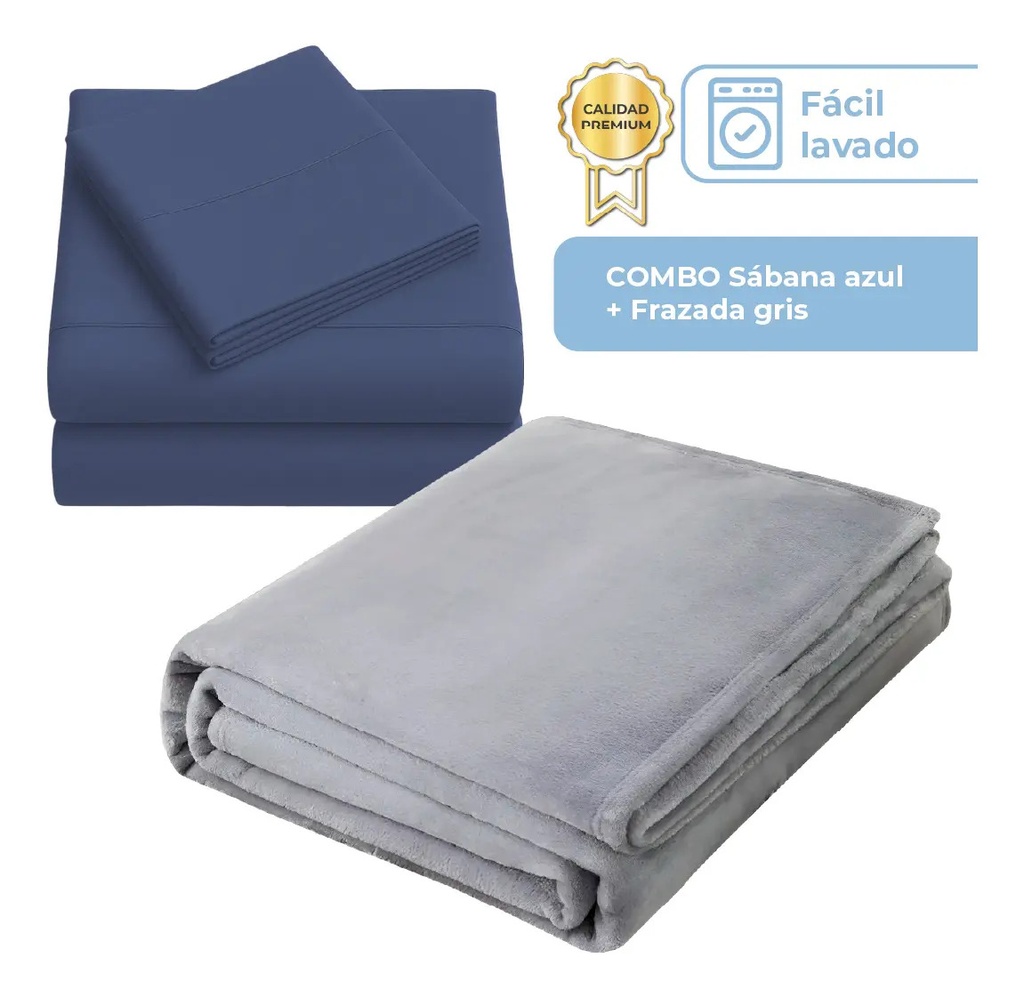 [FRA002 GRIS + SABKING001 AZUL 0714604480990] COMBO FRAZADA PELO LARGO GRIS + SABANAS KING AZUL