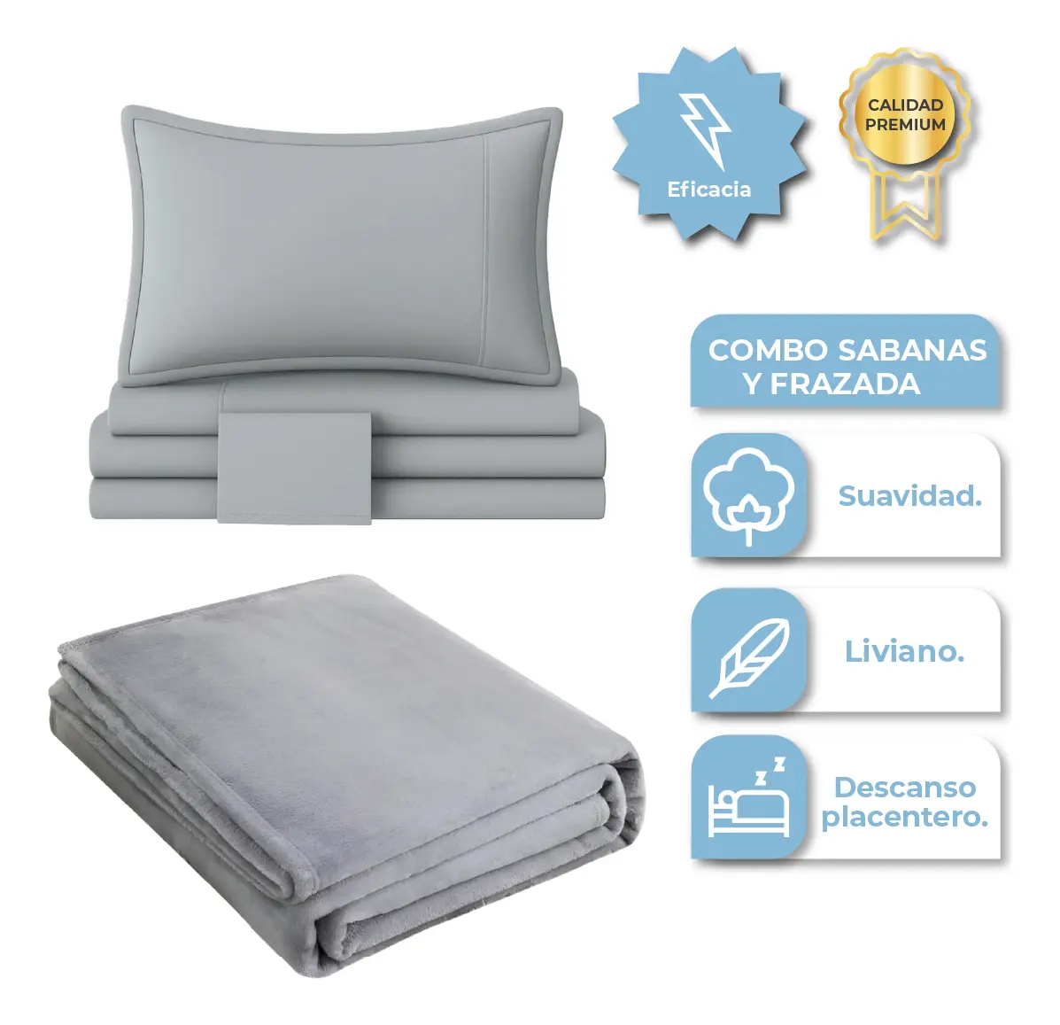 [FRA003 GRIS + SABKING001 GRIS 0714604481157] Combo Frazada Media Estacion Gris + Sábanas King Gris FRA003