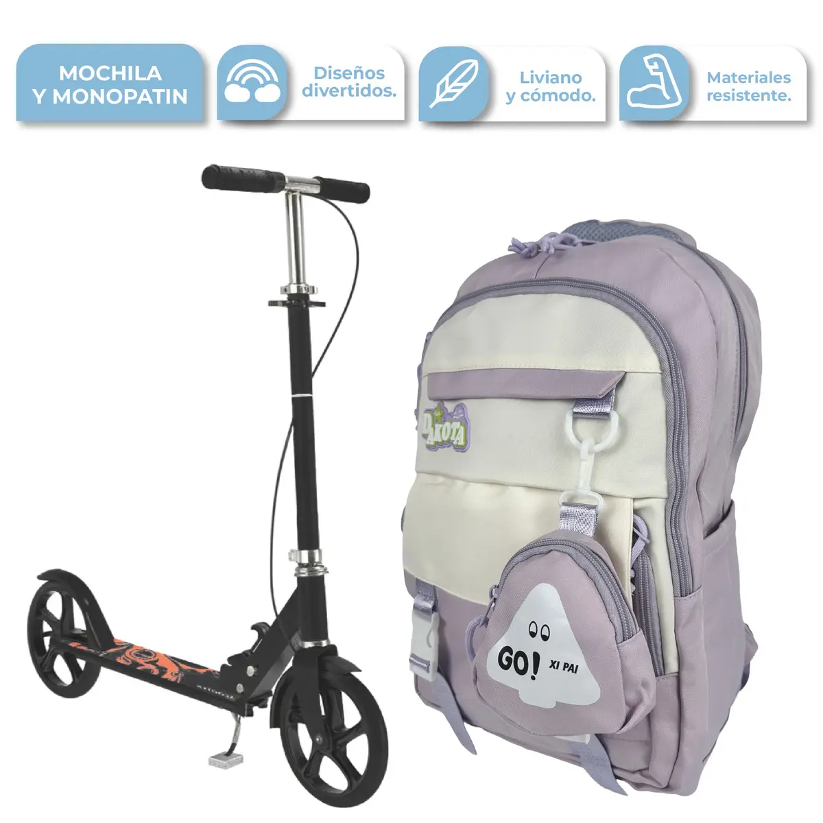[MON002 NEGRO +BAGINF007 VIOLETA] COMBO MOCHILA INFANTIL COLOR VIOLETA BAG-INF007 + MONOPATIN MON002 NEGRO